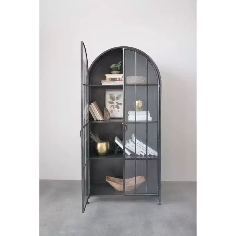 Mobile Contenitore Decorativo Storied Home Ad Arco Alto 76" Nero: Telaio in Ferro, Superficie in Vetro, Ripiani Fissi