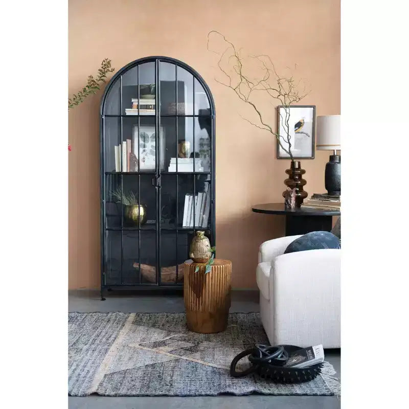 Mobile Contenitore Decorativo Storied Home Ad Arco Alto 76" Nero: Telaio in Ferro, Superficie in Vetro, Ripiani Fissi