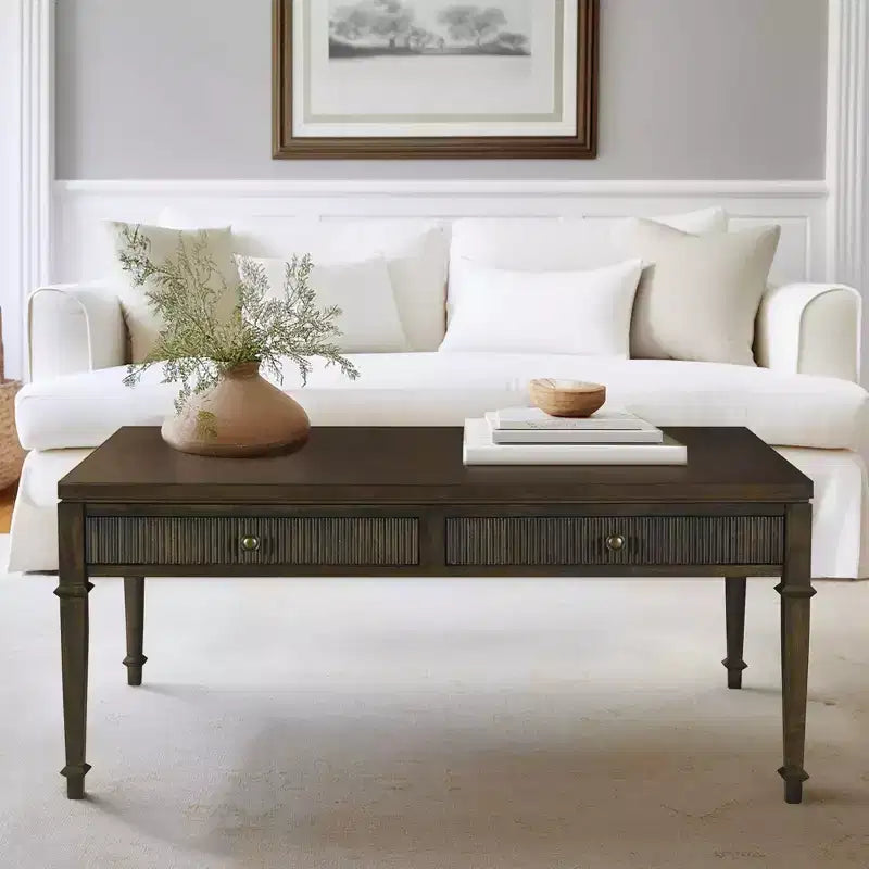 Martha Stewart Kenna Tavolino da Caffè Scanalato a 2 Cassetti Marrone: Legno Impiallacciato Tradizionale, Contenitore, Gambe Affusolate, Dettagli in Ottone