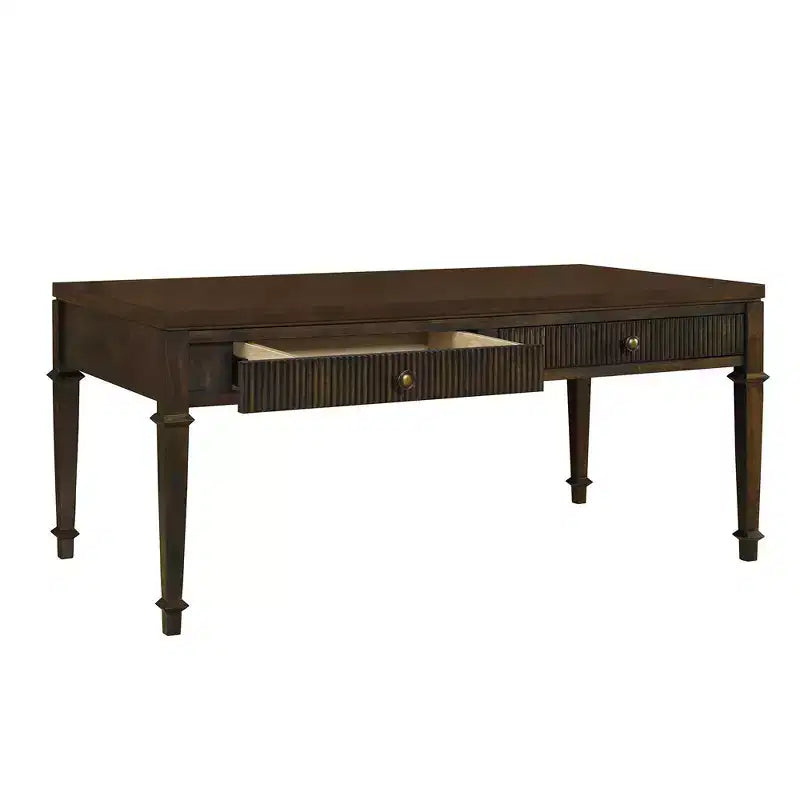 Martha Stewart Kenna Tavolino da Caffè Scanalato a 2 Cassetti Marrone: Legno Impiallacciato Tradizionale, Contenitore, Gambe Affusolate, Dettagli in Ottone