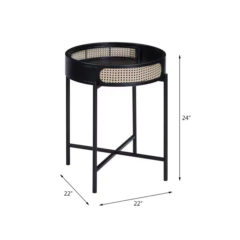 Tavolino d'appoggio Colson da 22" Finitura Nera - Acme Furniture: Dettagli in Rattan, Telaio in Metallo, Piano in Legno, Nessun Montaggio Richiesto