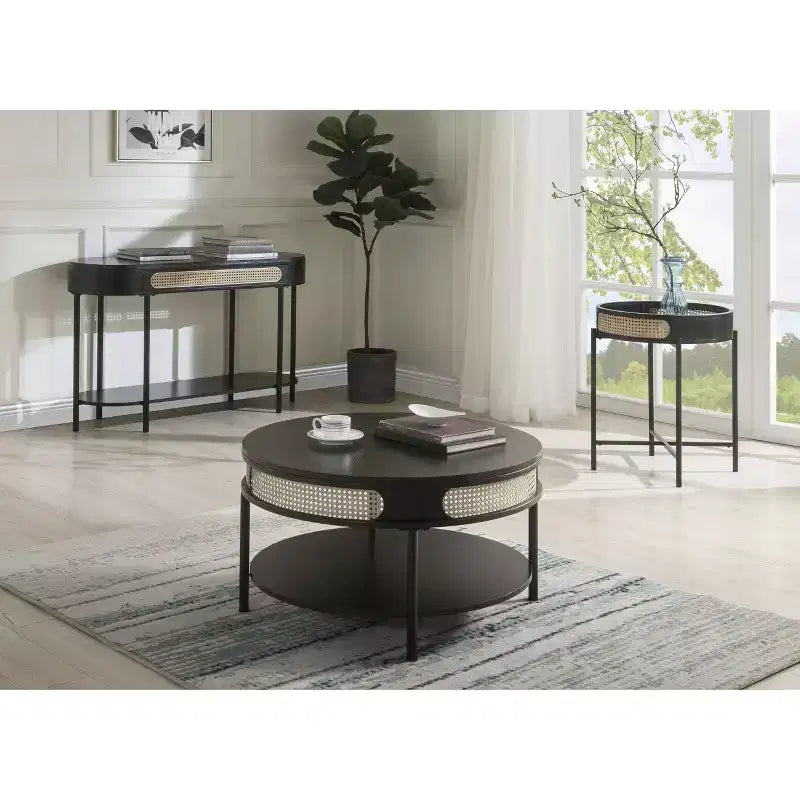 Tavolino d'appoggio Colson da 22" Finitura Nera - Acme Furniture: Dettagli in Rattan, Telaio in Metallo, Piano in Legno, Nessun Montaggio Richiesto
