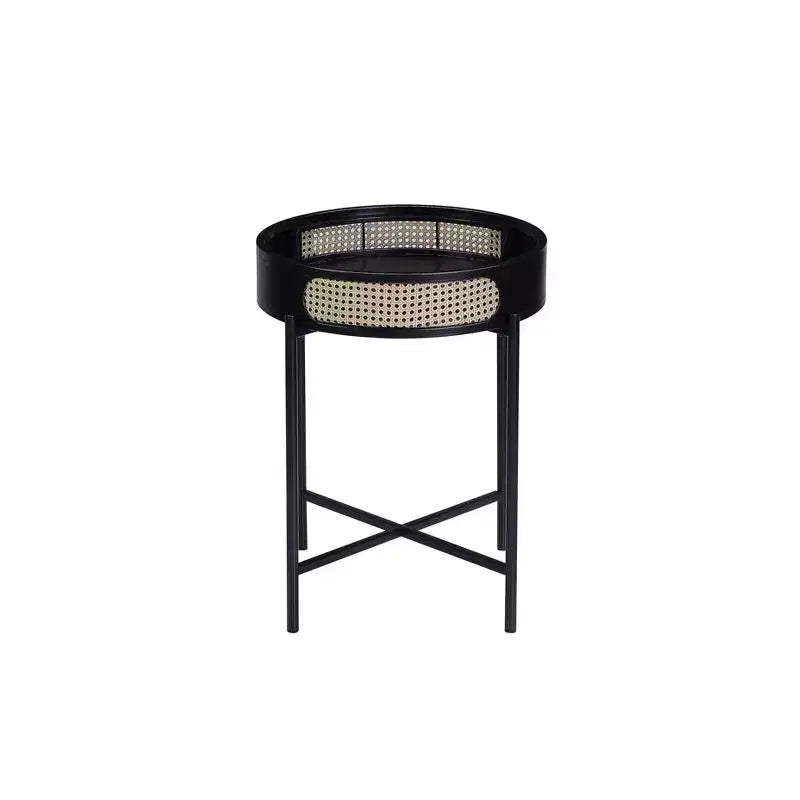 Tavolino d'appoggio Colson da 22" Finitura Nera - Acme Furniture: Dettagli in Rattan, Telaio in Metallo, Piano in Legno, Nessun Montaggio Richiesto