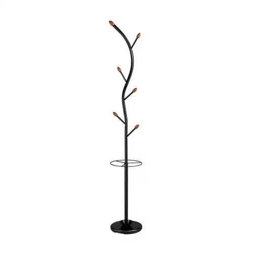 76" Billie Black Tree Coat Rack Walnut Hooks with Umbrella Stand - Ore International