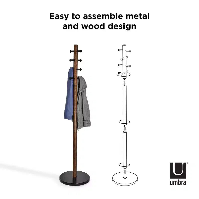 Appendiabiti a piantana Umbra Wood Pillar Nero/Noce: 8 ganci, autoportante, facile da montare, altezza 167 cm