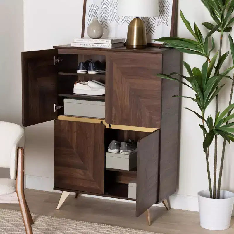 Scarpiera in Legno Graceland Noce/Oro - Baxton Studio: Design Mid-Century, 6 Ripiani, Organizza 18 Paia
