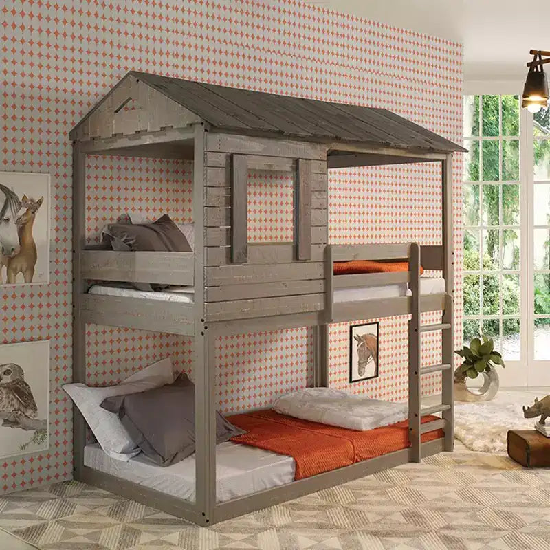 77"Letto a castello Darlene Loft e Letto a castello Rustic Gray - Acme Furniture: Legno massello di pino, sponde di protezione, scaletta, area giochi