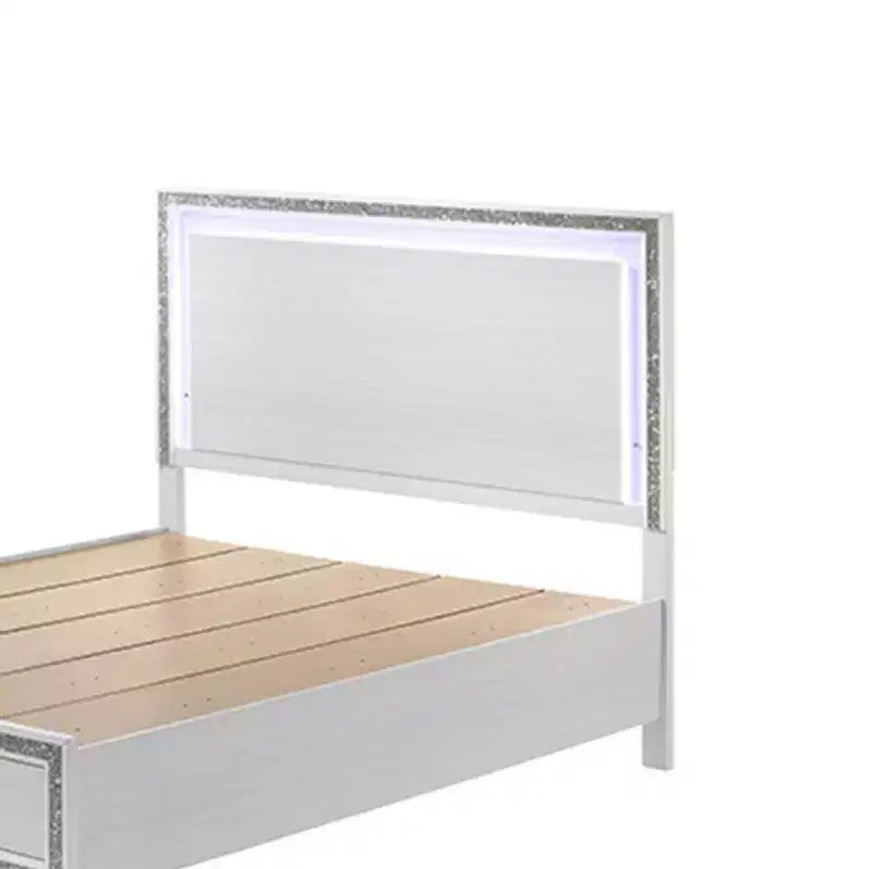 Acme Furniture Letto Eastern King da 84" Haiden Finitura Bianca: Rivestimento in Ecopelle, Luce LED, Cassetto Contenitore