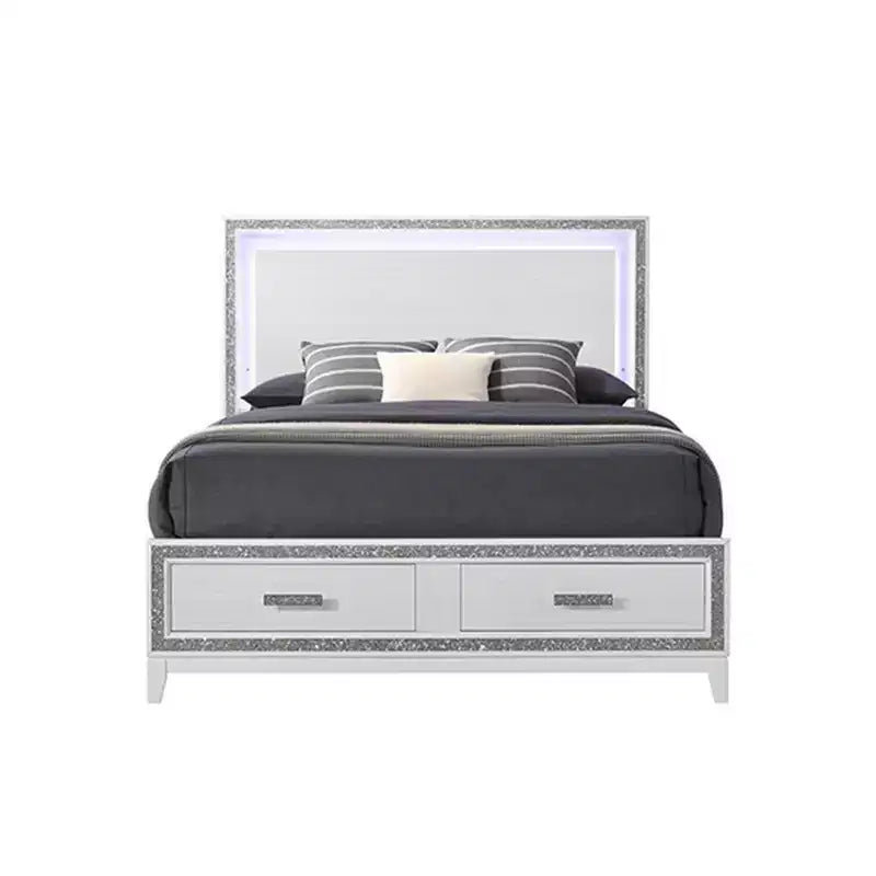 Acme Furniture Letto Eastern King da 84" Haiden Finitura Bianca: Rivestimento in Ecopelle, Luce LED, Cassetto Contenitore