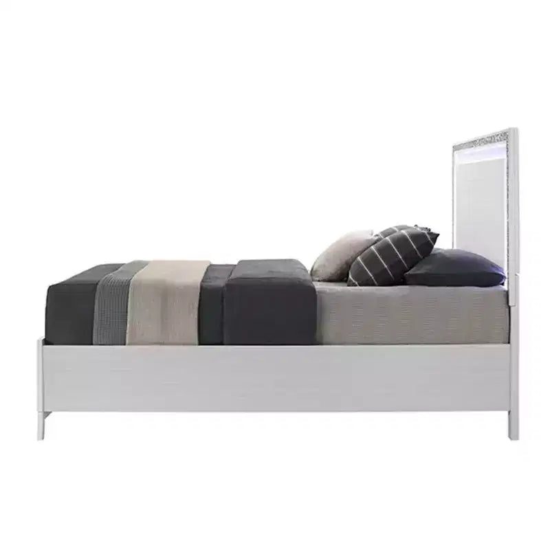 Acme Furniture Letto Eastern King da 84" Haiden Finitura Bianca: Rivestimento in Ecopelle, Luce LED, Cassetto Contenitore