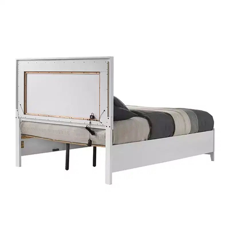 Acme Furniture Letto Eastern King da 84" Haiden Finitura Bianca: Rivestimento in Ecopelle, Luce LED, Cassetto Contenitore