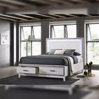 Acme Furniture Letto Eastern King da 84" Haiden Finitura Bianca: Rivestimento in Ecopelle, Luce LED, Cassetto Contenitore