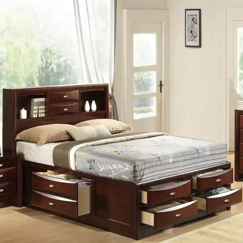 Letto Eastern King 91" Irlanda Espresso - Acme Furniture: Rivestimento in Lino, Struttura in Legno, Testiera con Contenitore