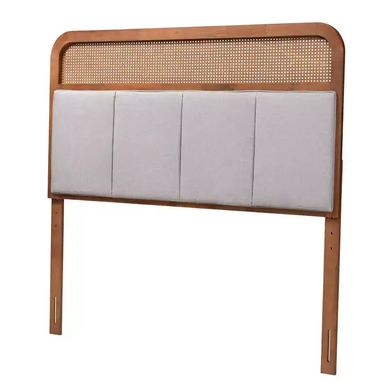 Baxton Studio King Esti Testiera in Tessuto e Legno con Rattan Grigio Chiaro/Noce Cenere: Design Metà Secolo, 5 Altezze Regolabili