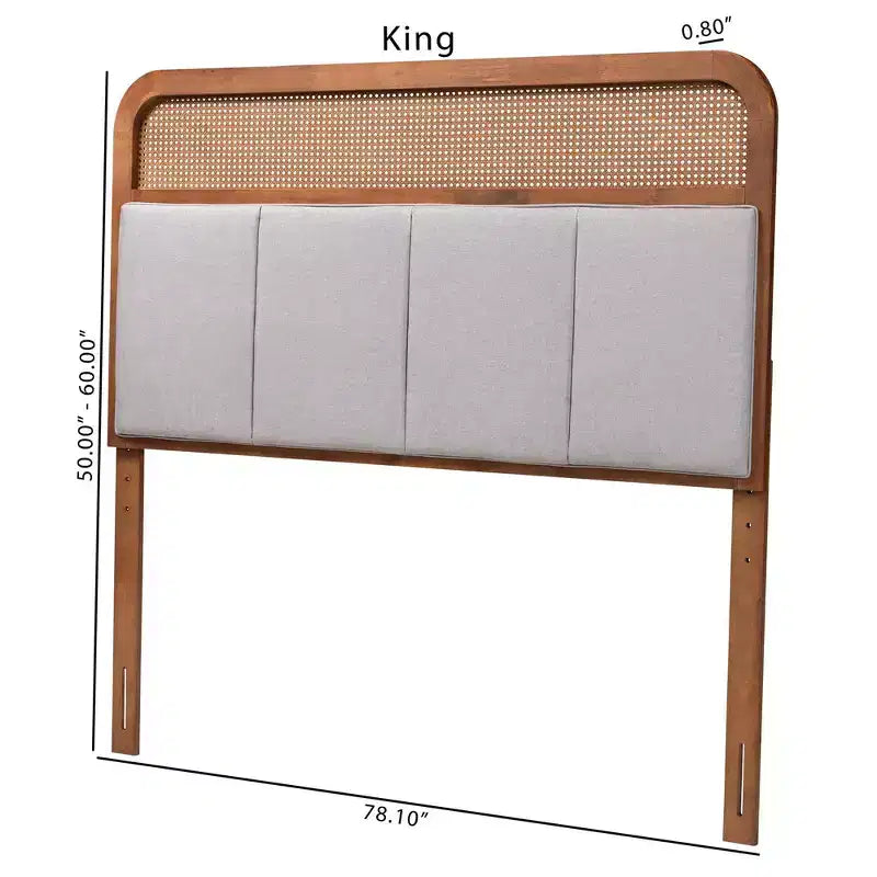 Baxton Studio King Esti Testiera in Tessuto e Legno con Rattan Grigio Chiaro/Noce Cenere: Design Metà Secolo, 5 Altezze Regolabili