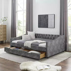 Divano Letto Imbottito Matrimoniale con Bottoni, Cassetti e Bracciolo a Onda, Grigio - ModernLuxe