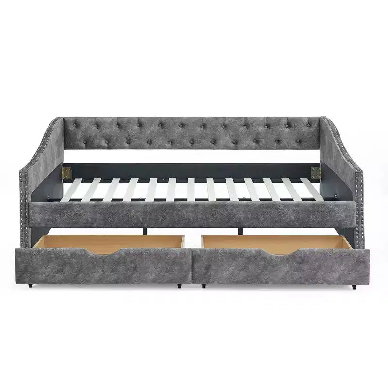 Divano Letto Imbottito Matrimoniale con Bottoni, Cassetti e Bracciolo a Onda, Grigio - ModernLuxe