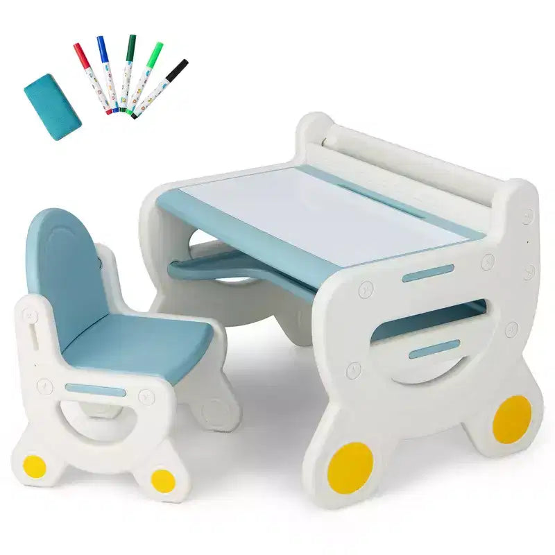 Tavolo e Sedia da Disegno per Bambini Costway, Set per Leggere e Giocare con Penne e Gomma da Lavagna, Blu/Marrone