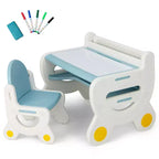 Tavolo e Sedia da Disegno per Bambini Costway, Set per Leggere e Giocare con Penne e Gomma da Lavagna, Blu/Marrone