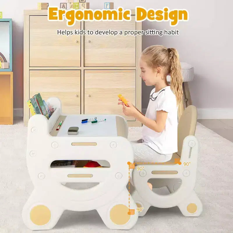 Tavolo e Sedia da Disegno per Bambini Costway, Set per Leggere e Giocare con Penne e Gomma da Lavagna, Blu/Marrone