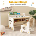 Tavolo e Sedia da Disegno per Bambini Costway, Set per Leggere e Giocare con Penne e Gomma da Lavagna, Blu/Marrone