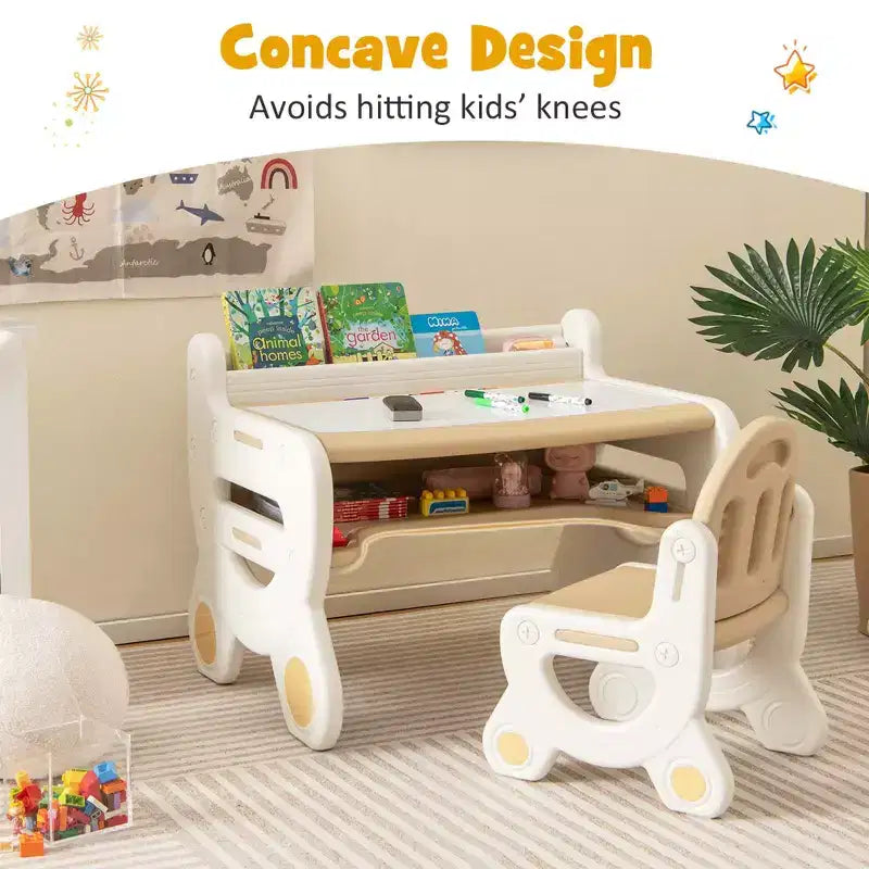 Tavolo e Sedia da Disegno per Bambini Costway, Set per Leggere e Giocare con Penne e Gomma da Lavagna, Blu/Marrone