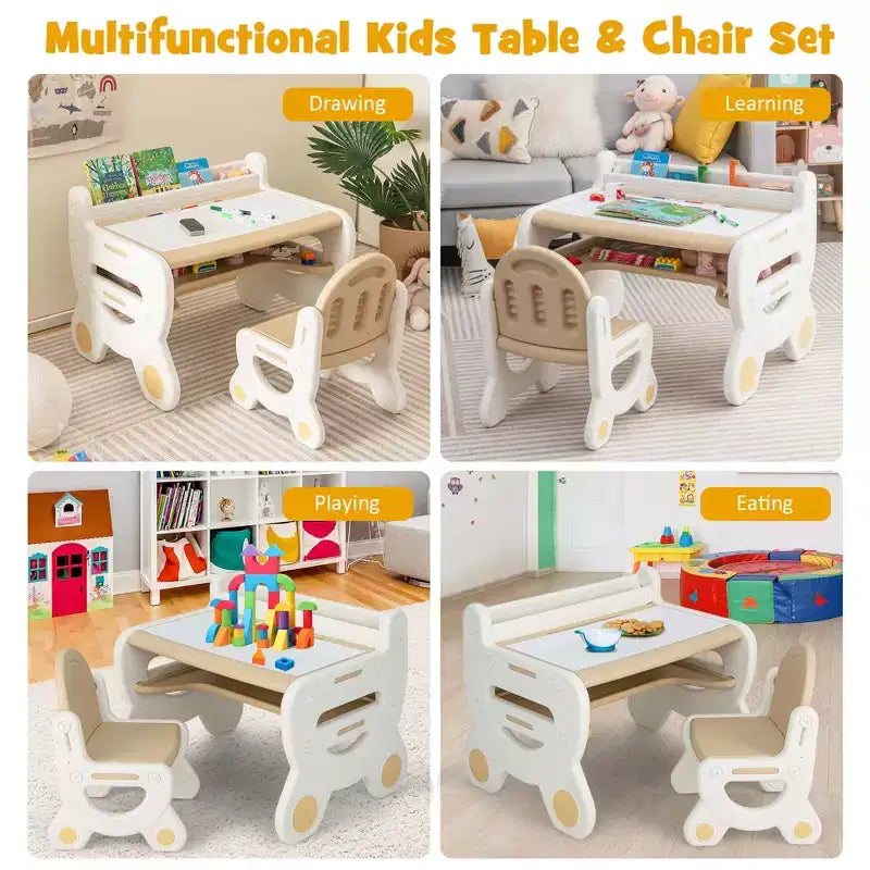 Tavolo e Sedia da Disegno per Bambini Costway, Set per Leggere e Giocare con Penne e Gomma da Lavagna, Blu/Marrone