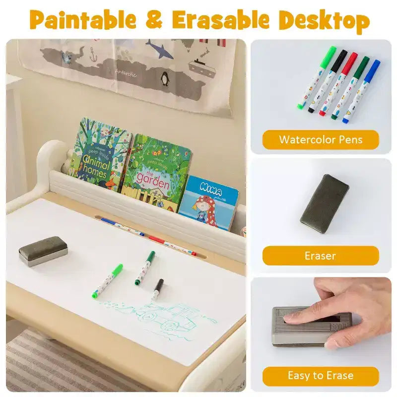 Tavolo e Sedia da Disegno per Bambini Costway, Set per Leggere e Giocare con Penne e Gomma da Lavagna, Blu/Marrone