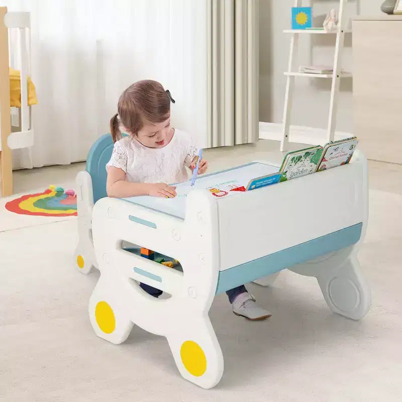 Tavolo e Sedia da Disegno per Bambini Costway, Set per Leggere e Giocare con Penne e Gomma da Lavagna, Blu/Marrone