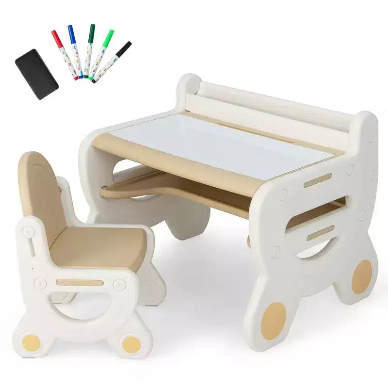 Tavolo e Sedia da Disegno per Bambini Costway, Set per Leggere e Giocare con Penne e Gomma da Lavagna, Blu/Marrone