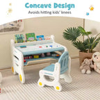 Tavolo e Sedia da Disegno per Bambini Costway, Set per Leggere e Giocare con Penne e Gomma da Lavagna, Blu/Marrone