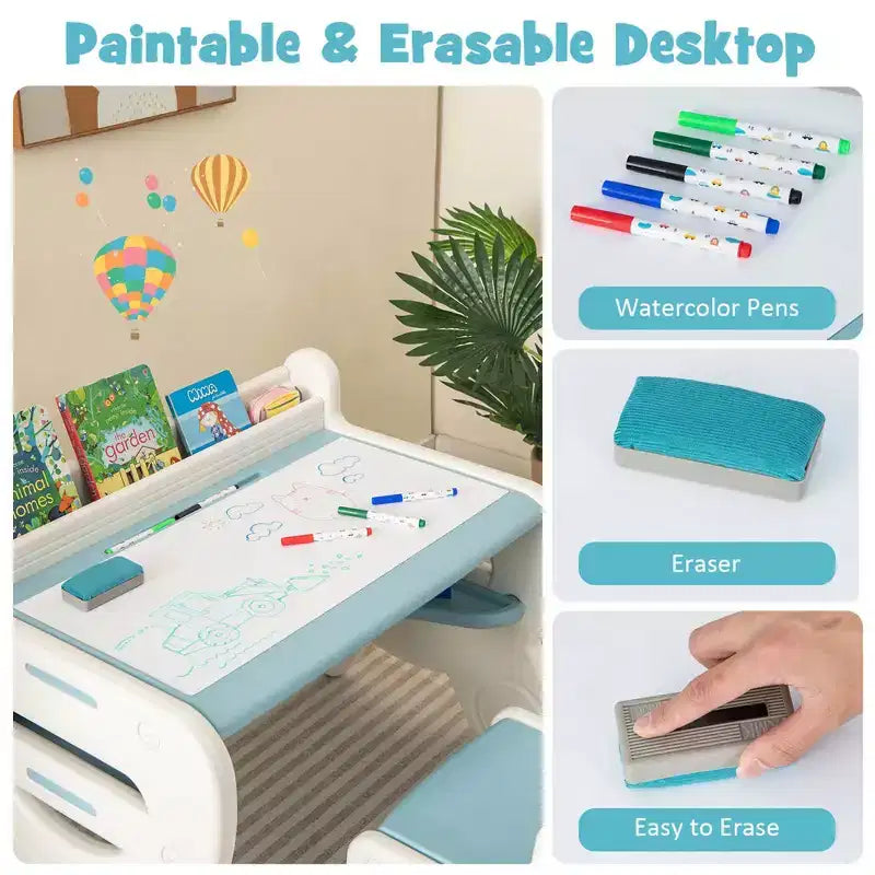 Tavolo e Sedia da Disegno per Bambini Costway, Set per Leggere e Giocare con Penne e Gomma da Lavagna, Blu/Marrone