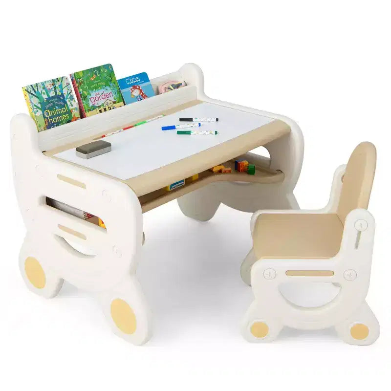 Tavolo e Sedia da Disegno per Bambini Costway, Set per Leggere e Giocare con Penne e Gomma da Lavagna, Blu/Marrone