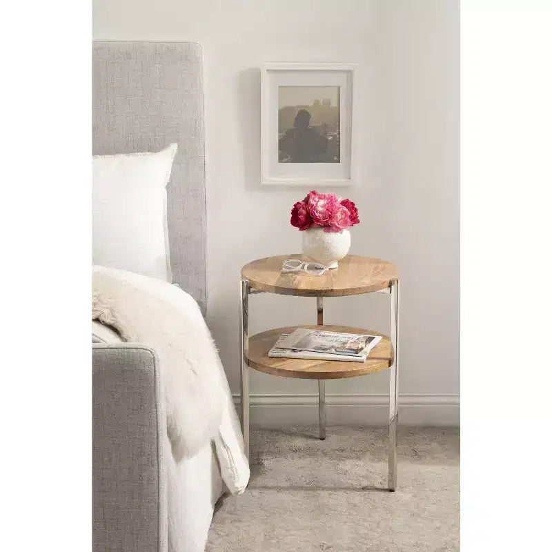 Tavolino rotondo in legno Kate e Laurel Lamaar, 19x19x25, naturale e argento