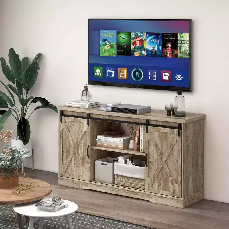 Mobile TV Costway, mobiletto in stile rustico con ante scorrevoli a fienile e ripiani regolabili, per TV fino a 65''