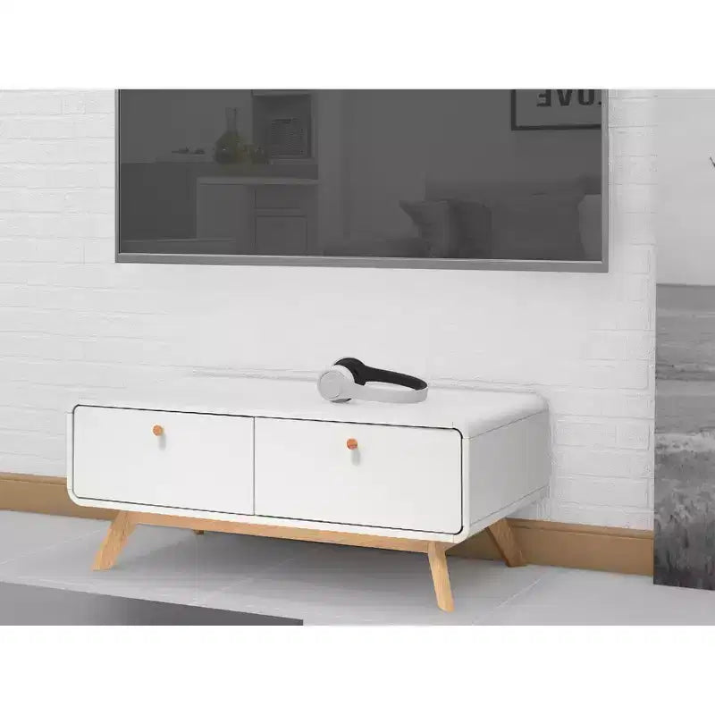 Ren Home Leva - Consolle portatv scandinava con 2 cassetti, curva, colore bianco