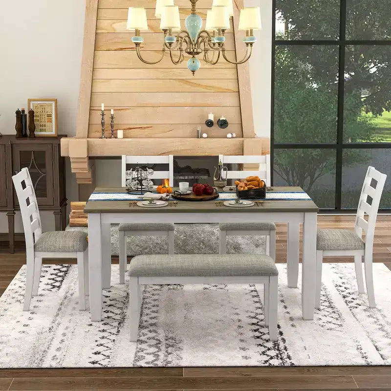 Set da Tavolo da Pranzo Rustico in Legno a 6 Pezzi, Tavolo Rettangolare con 4 Sedie e Panca - ModernLuxe