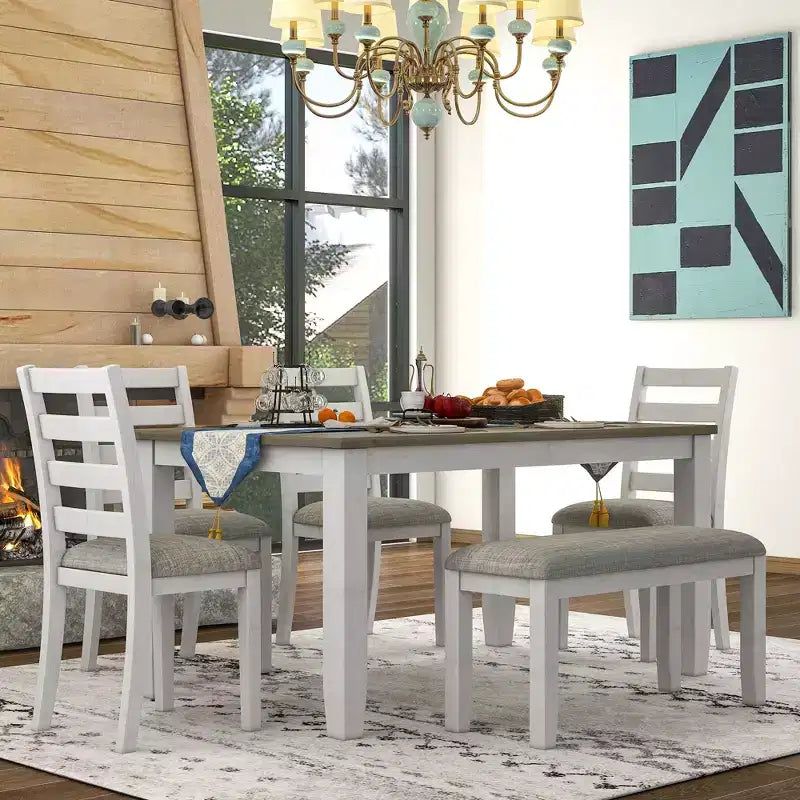 Set da Tavolo da Pranzo Rustico in Legno a 6 Pezzi, Tavolo Rettangolare con 4 Sedie e Panca - ModernLuxe