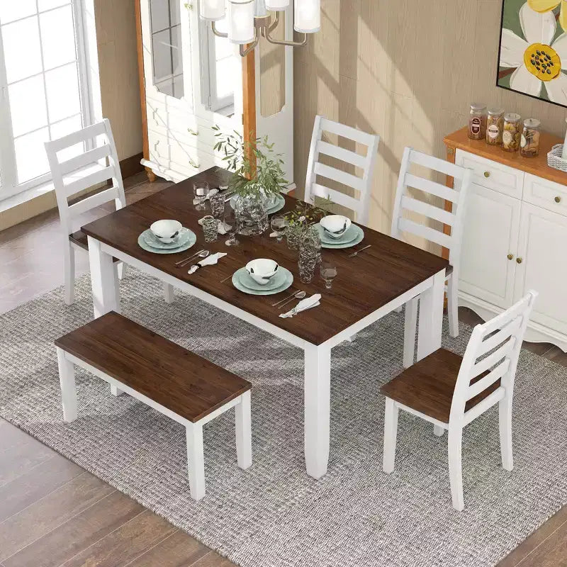 Set da Tavolo da Pranzo Rustico in Legno a 6 Pezzi, Tavolo Rettangolare con 4 Sedie e Panca - ModernLuxe