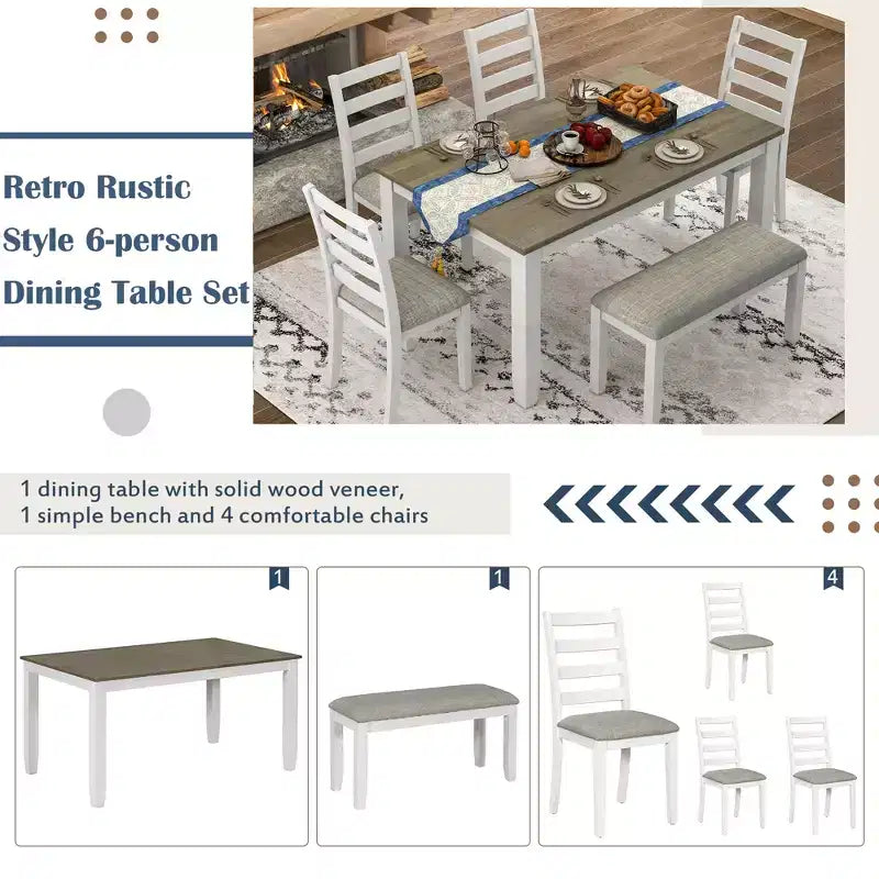 Set da Tavolo da Pranzo Rustico in Legno a 6 Pezzi, Tavolo Rettangolare con 4 Sedie e Panca - ModernLuxe