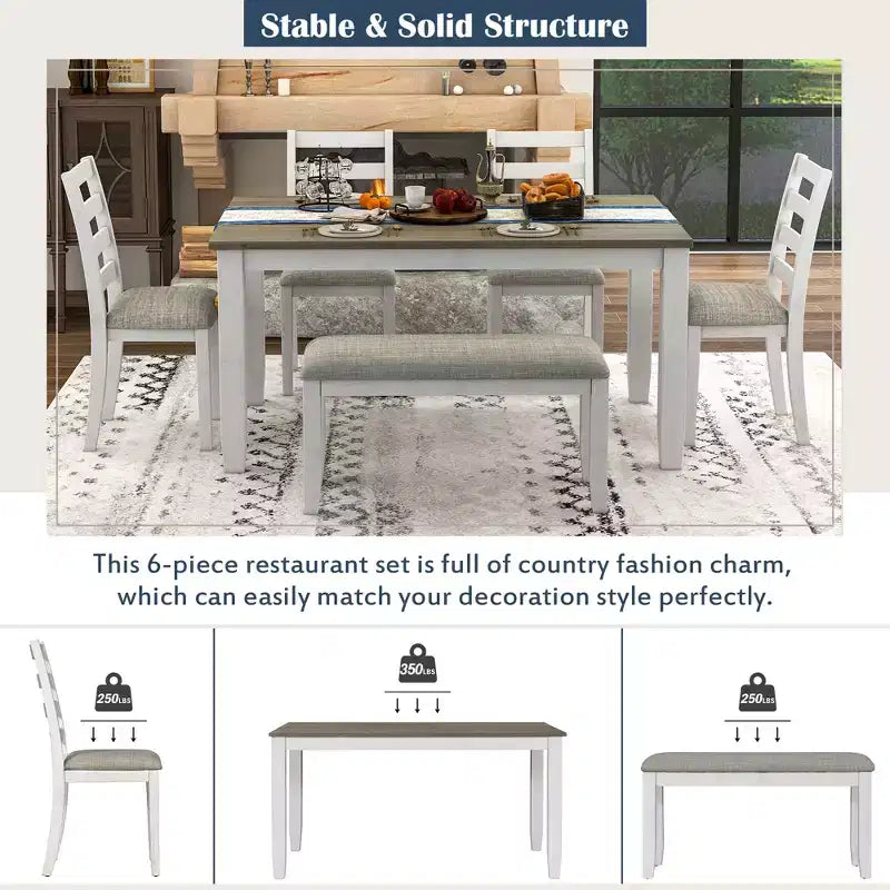 Set da Tavolo da Pranzo Rustico in Legno a 6 Pezzi, Tavolo Rettangolare con 4 Sedie e Panca - ModernLuxe