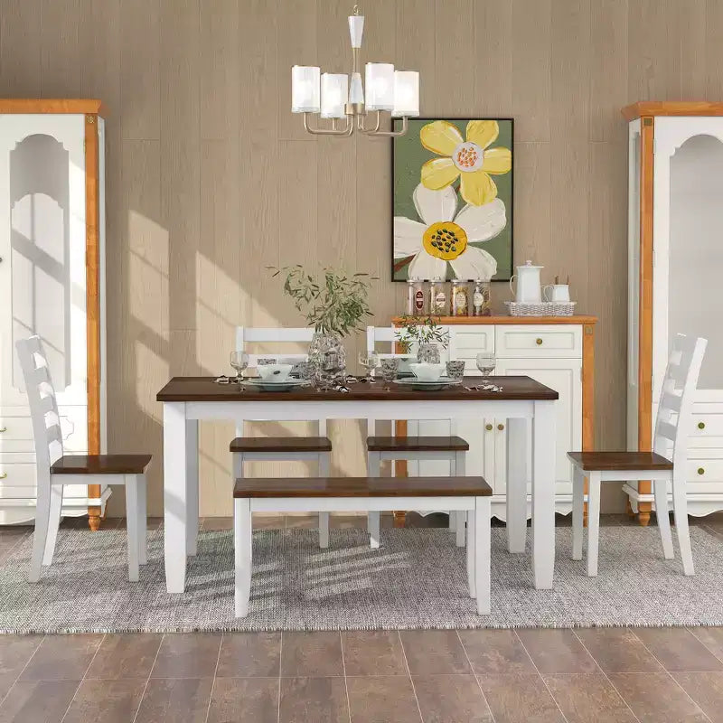 Set da Tavolo da Pranzo Rustico in Legno a 6 Pezzi, Tavolo Rettangolare con 4 Sedie e Panca - ModernLuxe