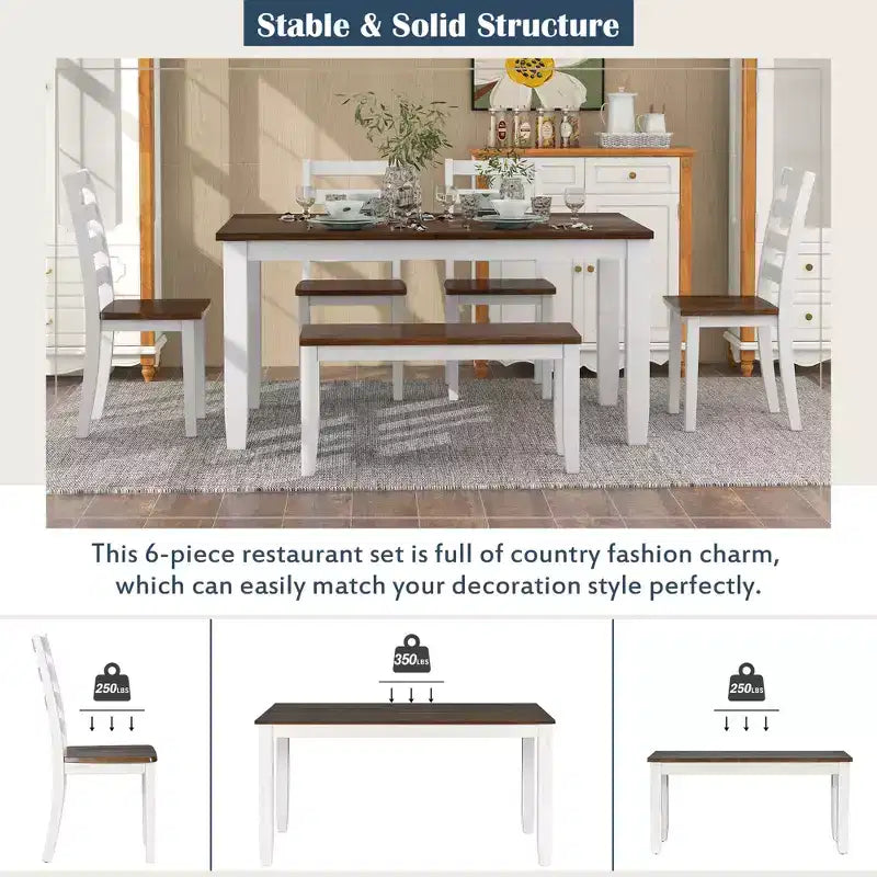 Set da Tavolo da Pranzo Rustico in Legno a 6 Pezzi, Tavolo Rettangolare con 4 Sedie e Panca - ModernLuxe