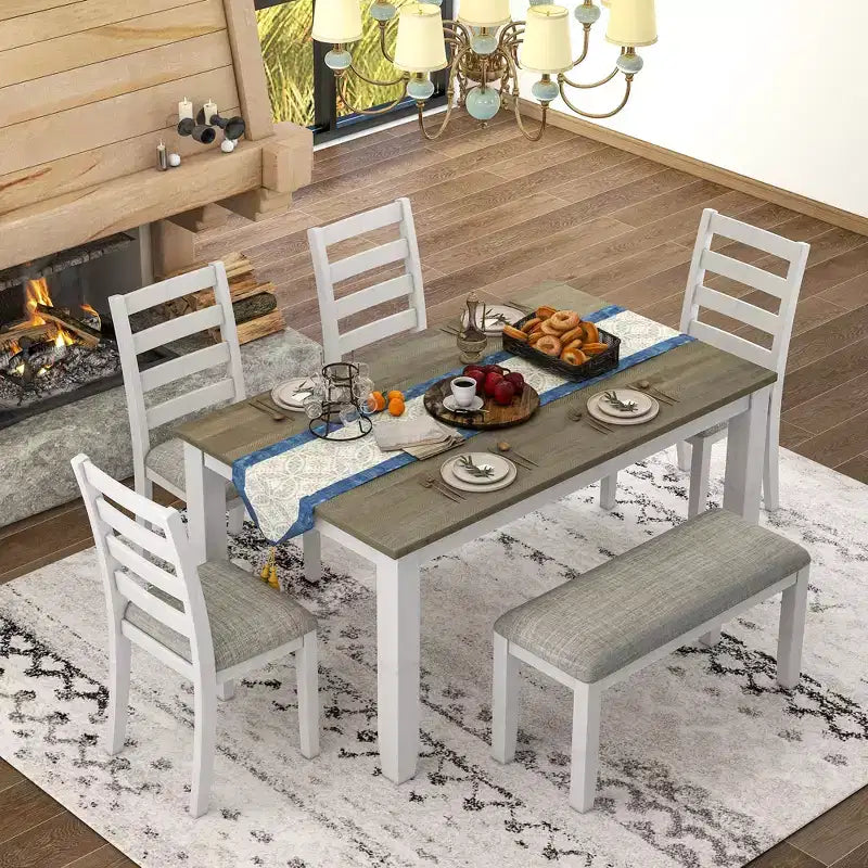 Set da Tavolo da Pranzo Rustico in Legno a 6 Pezzi, Tavolo Rettangolare con 4 Sedie e Panca - ModernLuxe