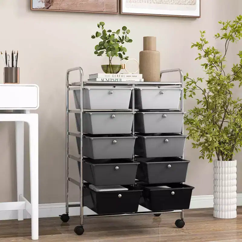 Costway carrello portaoggetti a 10 cassetti, carrello di servizio con rotelle, organizer da cucina/ufficio nero/trasparente/macaron/grigio/gradiente nero/multicolore/rosa/arcobaleno con bianco/rosa shocking/rosa carne/viola