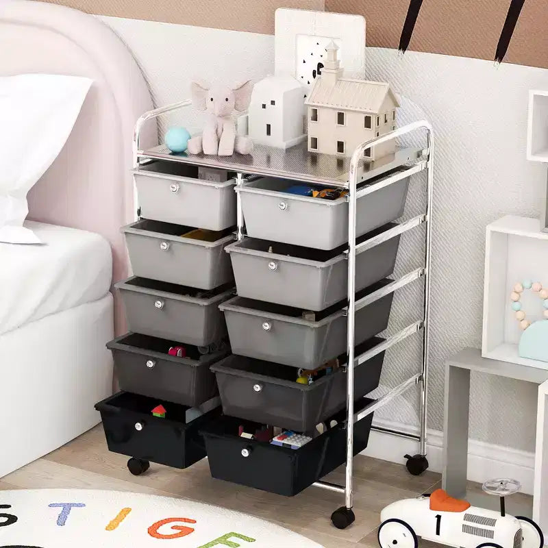 Costway carrello portaoggetti a 10 cassetti, carrello di servizio con rotelle, organizer da cucina/ufficio nero/trasparente/macaron/grigio/gradiente nero/multicolore/rosa/arcobaleno con bianco/rosa shocking/rosa carne/viola