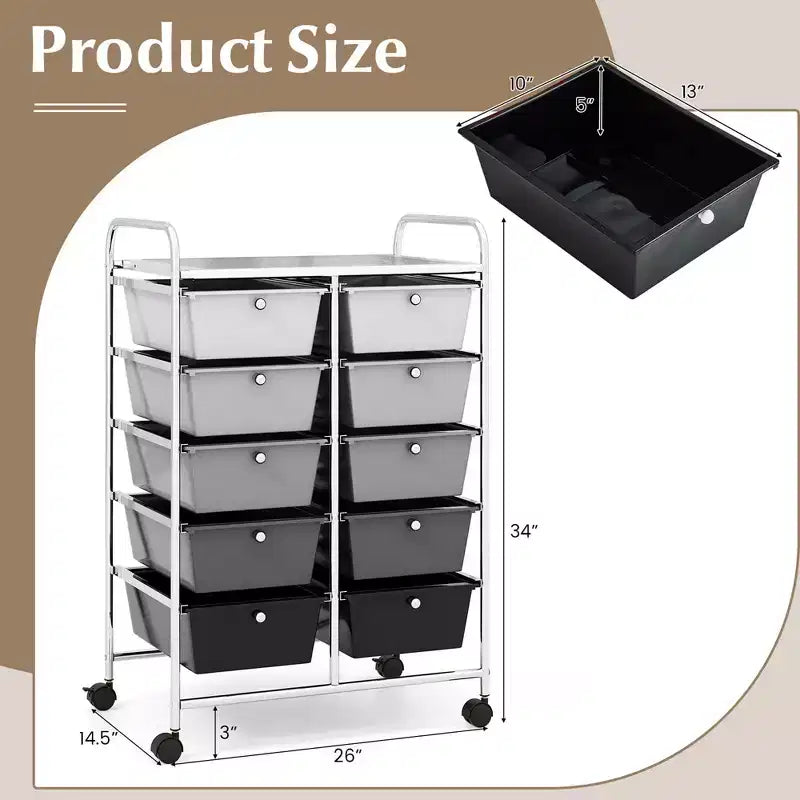 Costway carrello portaoggetti a 10 cassetti, carrello di servizio con rotelle, organizer da cucina/ufficio nero/trasparente/macaron/grigio/gradiente nero/multicolore/rosa/arcobaleno con bianco/rosa shocking/rosa carne/viola