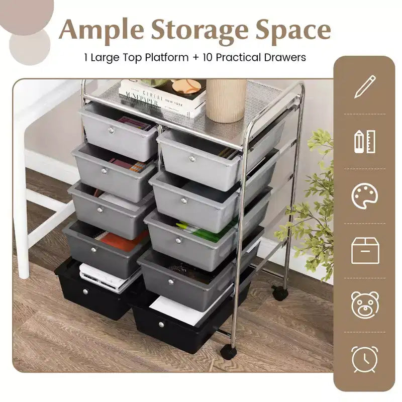 Costway carrello portaoggetti a 10 cassetti, carrello di servizio con rotelle, organizer da cucina/ufficio nero/trasparente/macaron/grigio/gradiente nero/multicolore/rosa/arcobaleno con bianco/rosa shocking/rosa carne/viola