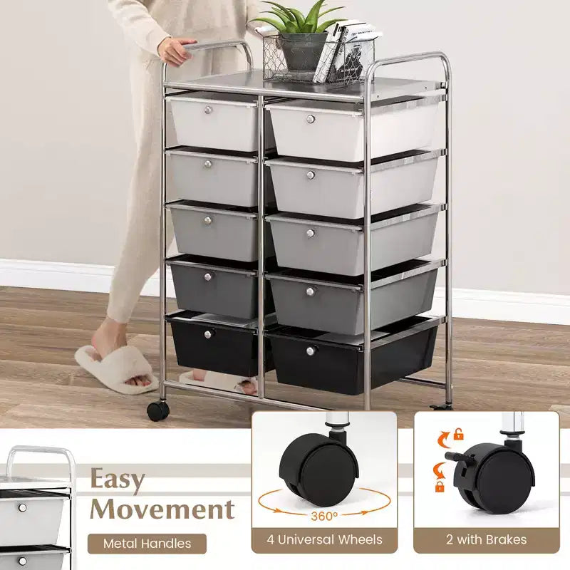 Costway carrello portaoggetti a 10 cassetti, carrello di servizio con rotelle, organizer da cucina/ufficio nero/trasparente/macaron/grigio/gradiente nero/multicolore/rosa/arcobaleno con bianco/rosa shocking/rosa carne/viola