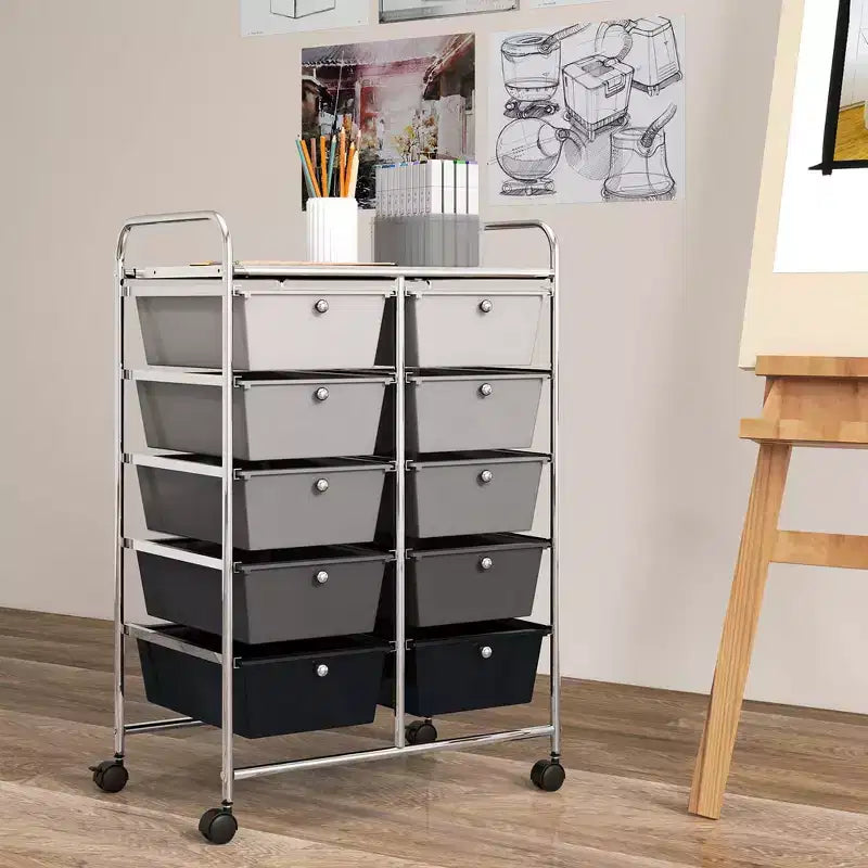 Costway carrello portaoggetti a 10 cassetti, carrello di servizio con rotelle, organizer da cucina/ufficio nero/trasparente/macaron/grigio/gradiente nero/multicolore/rosa/arcobaleno con bianco/rosa shocking/rosa carne/viola